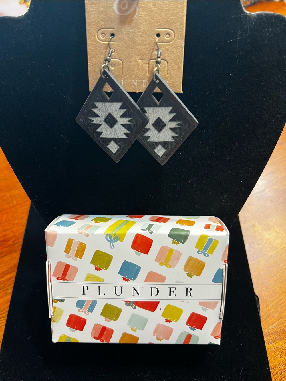 Plunder Black and Gray Aztec Diamond Wood Drop Earrings